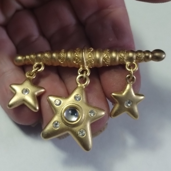 Vtg 1980s Matte Dangle Stars Celestial Clear Cabochon Bar Pin Brooch - Picture 2 of 3